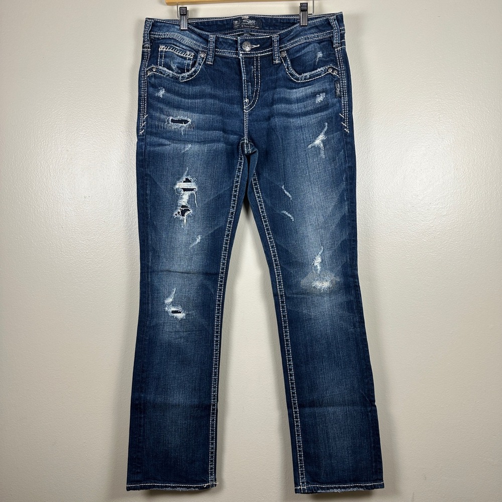 Silver Jeans Co Women's 32 Aiko Baby Boot Blue Distressed Thick Stitch Denim